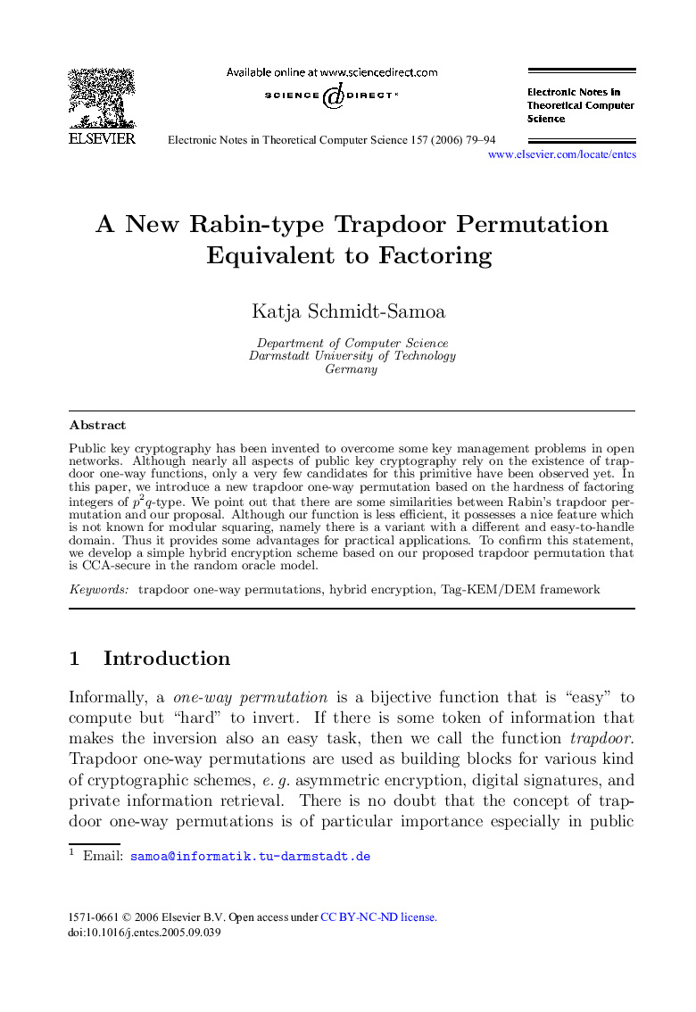 A New Rabin-type Trapdoor Permutation Equivalent to Factoring