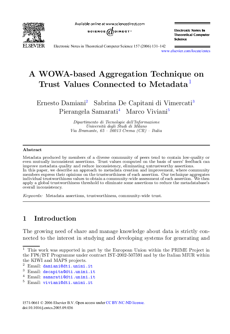 A WOWA-based Aggregation Technique on Trust Values Connected to Metadata 1