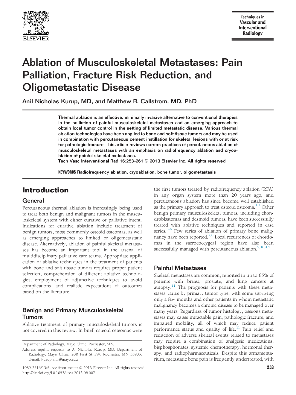Ablation of Musculoskeletal Metastases: Pain Palliation, Fracture Risk Reduction, and Oligometastatic Disease