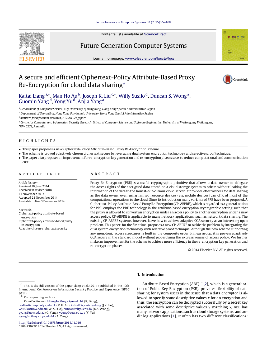 A secure and efficient Ciphertext-Policy Attribute-Based Proxy Re-Encryption for cloud data sharing 