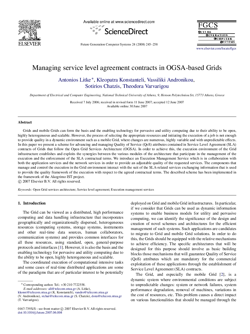 Managing service level agreement contracts in OGSA-based Grids