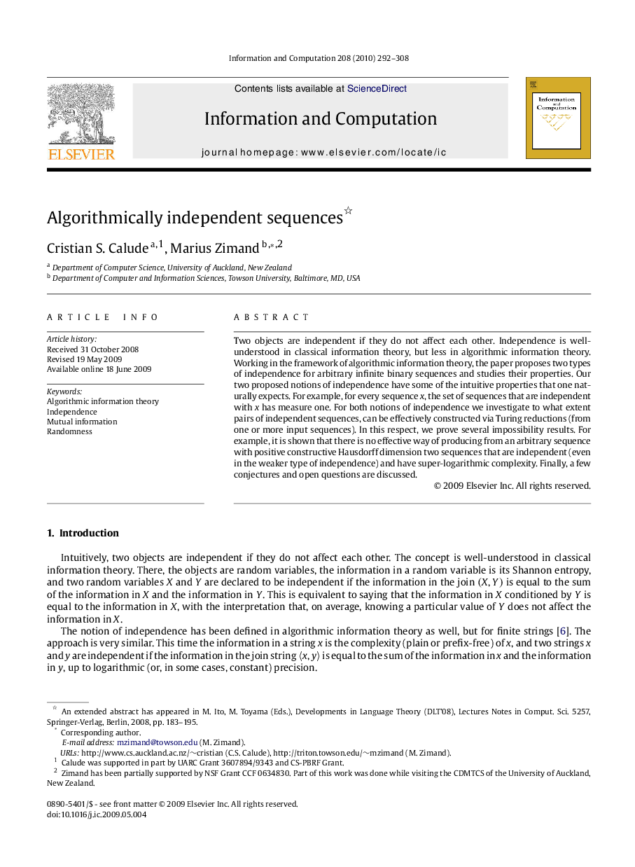 Algorithmically independent sequences 