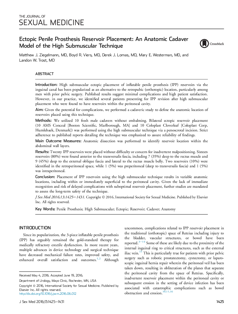 Ectopic Penile Prosthesis Reservoir Placement: An Anatomic Cadaver Model of the High Submuscular Technique 