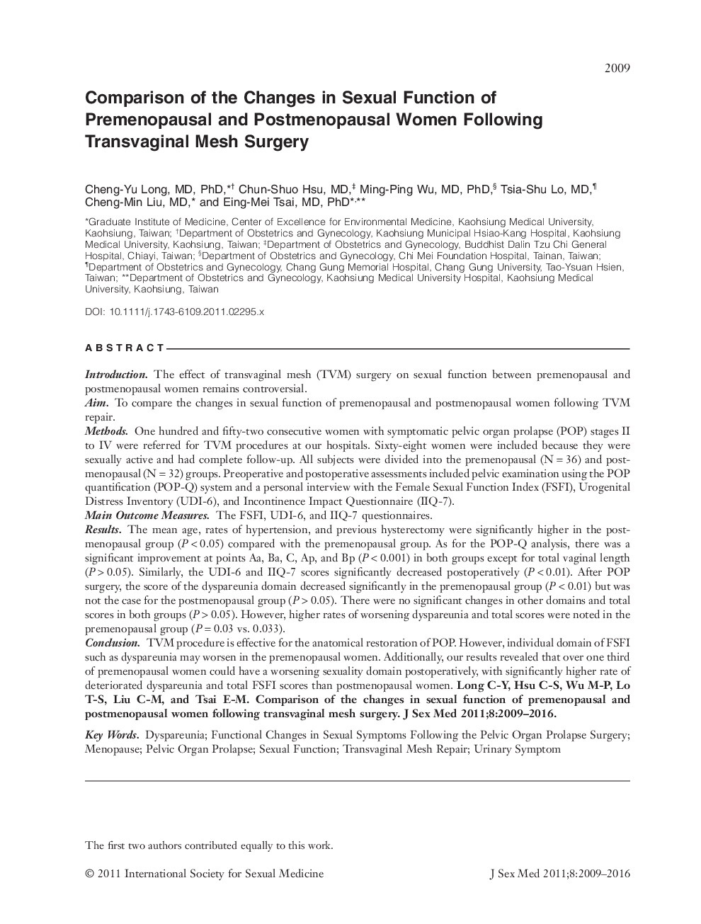 مقایسه تغییرات عملکرد جنسی زنان قبل از یائسگی یا پس از یائسگی پس از عمل جراحی پیوند مجدد 