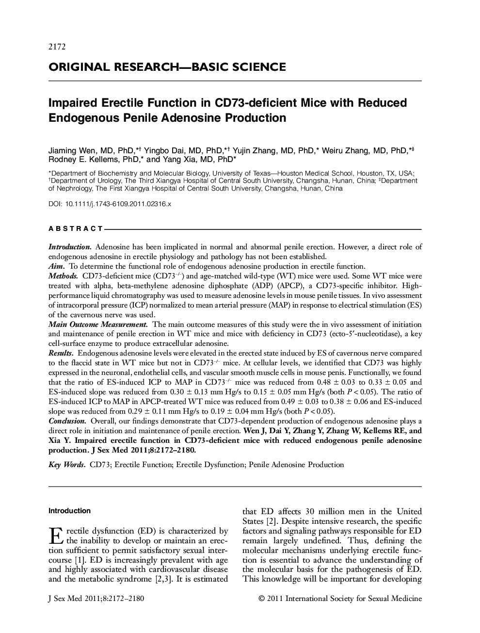 Impaired Erectile Function in CD73âdeficient Mice with Reduced Endogenous Penile Adenosine Production