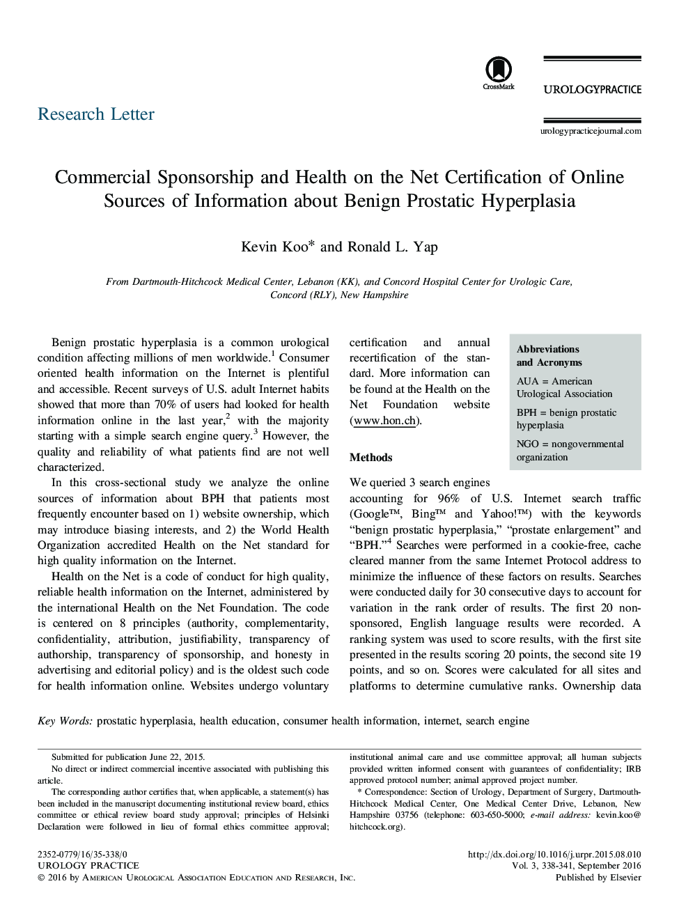 Commercial Sponsorship and Health on the Net Certification of Online Sources of Information about Benign Prostatic Hyperplasia