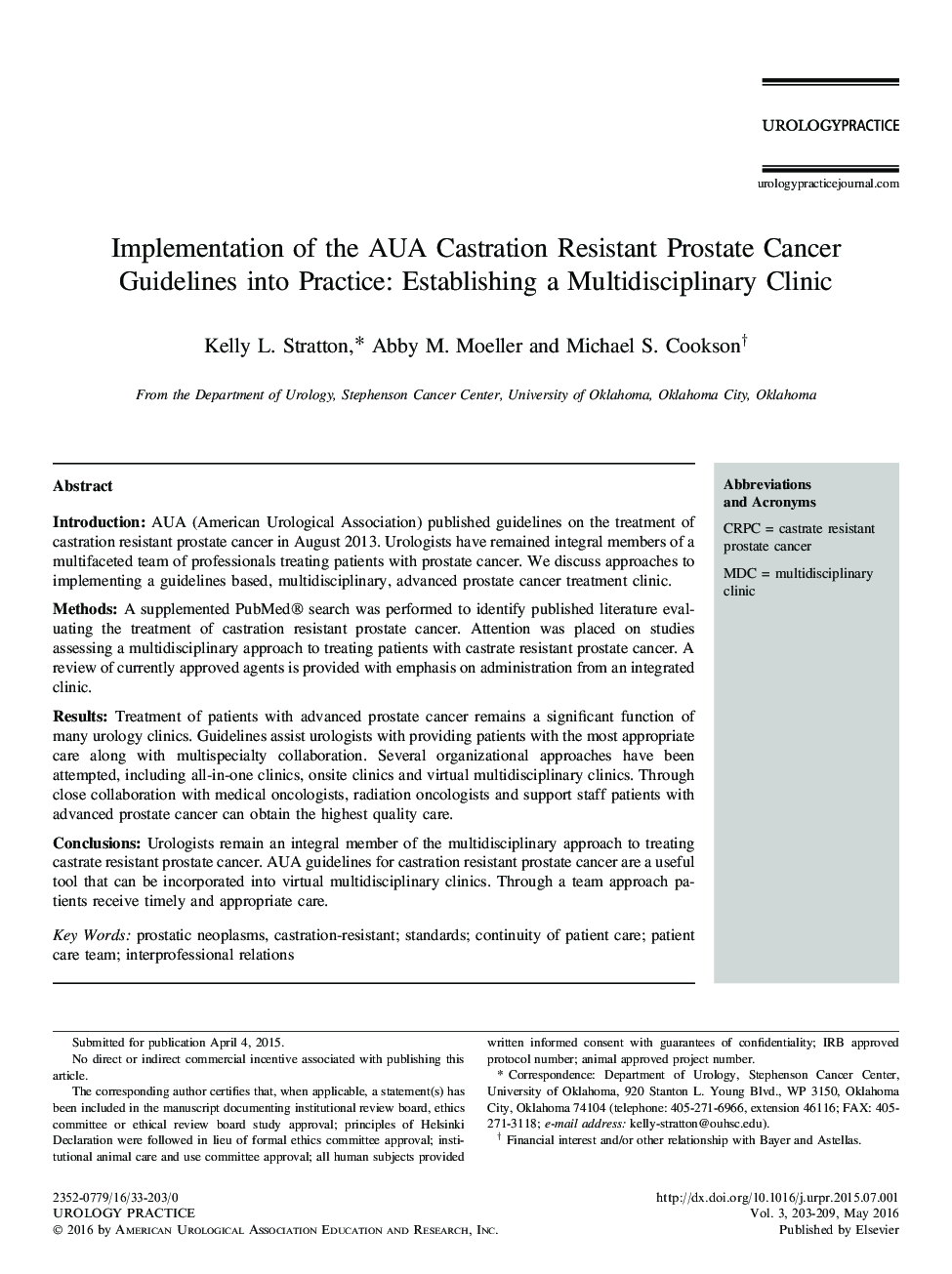 Implementation of the AUA Castration Resistant Prostate Cancer Guidelines into Practice: Establishing a Multidisciplinary Clinic