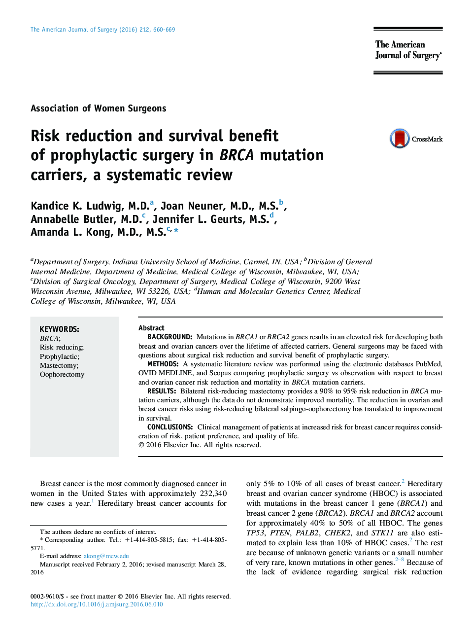 Risk reduction and survival benefit of prophylactic surgery in BRCA mutation carriers, a systematic review 