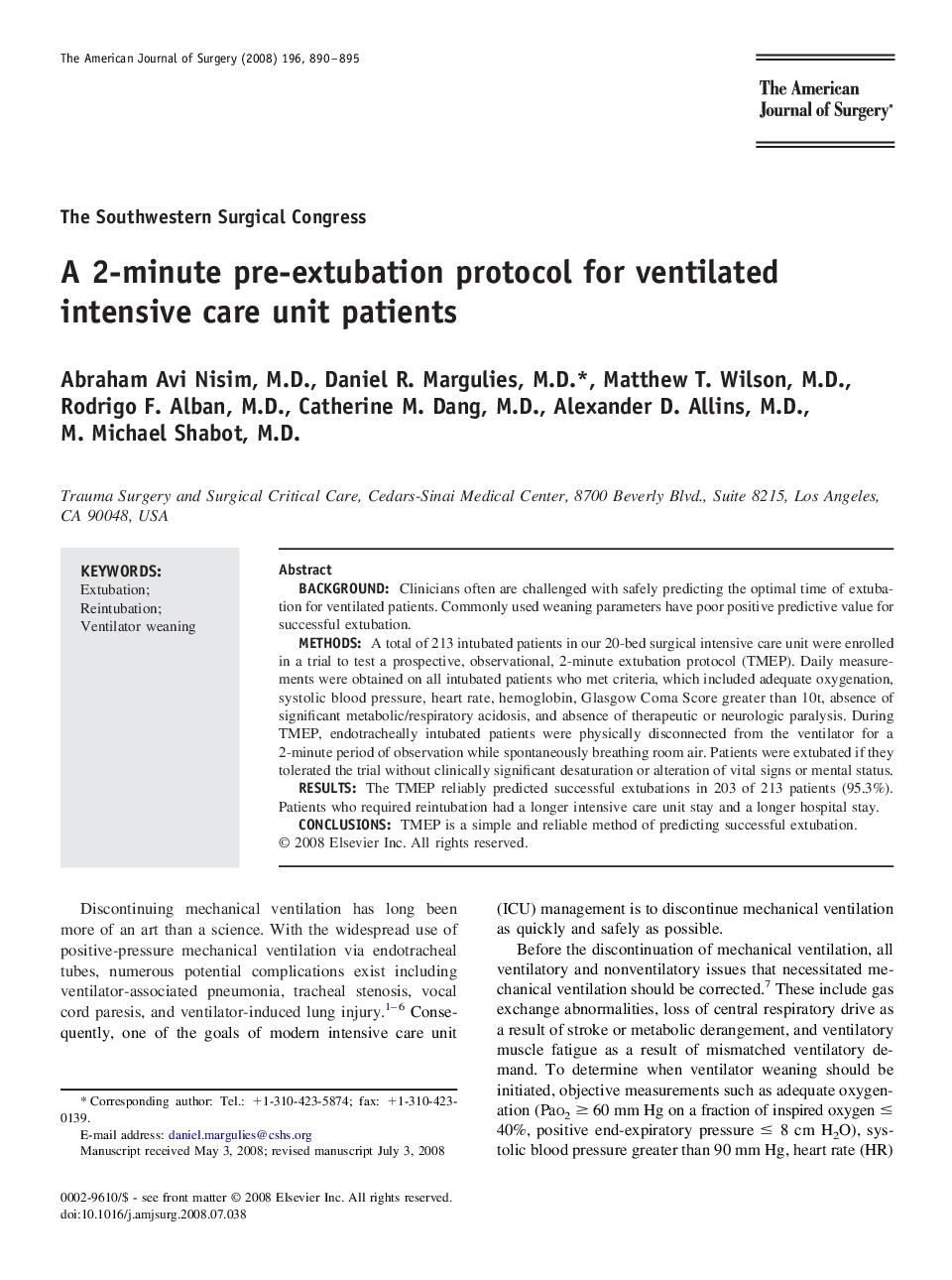 A 2-minute pre-extubation protocol for ventilated intensive care unit patients