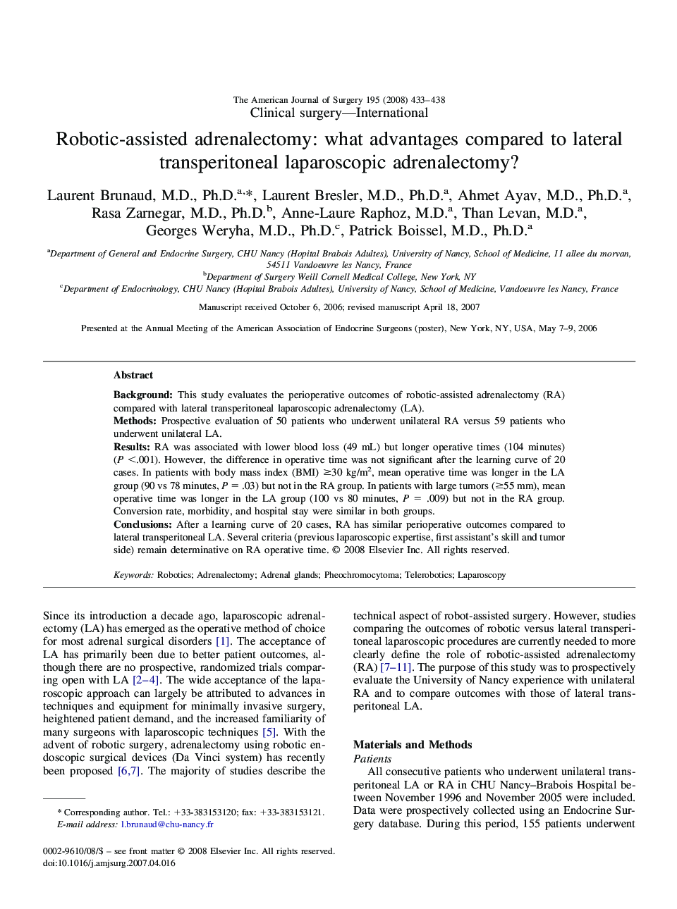 Robotic-assisted adrenalectomy: what advantages compared to lateral transperitoneal laparoscopic adrenalectomy?