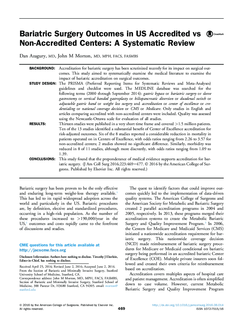 Bariatric Surgery Outcomes in US Accredited vs Non-Accredited Centers: A Systematic Review 