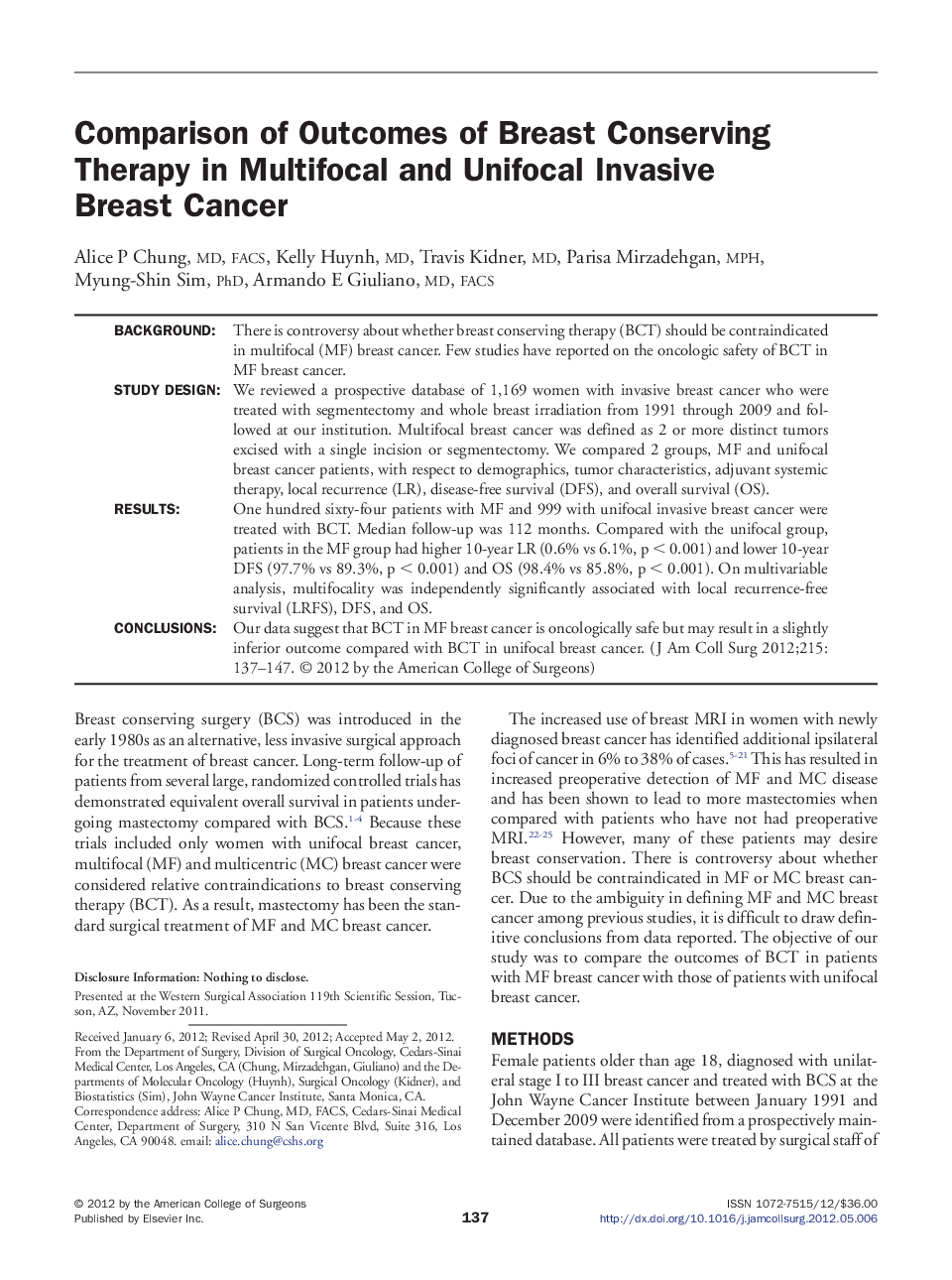 Comparison of Outcomes of Breast Conserving Therapy in Multifocal and Unifocal Invasive Breast Cancer 