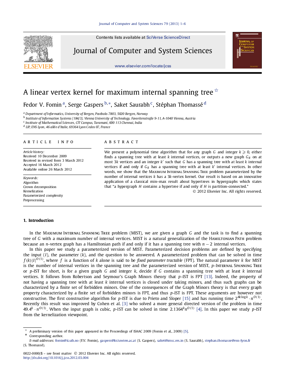 A linear vertex kernel for maximum internal spanning tree 
