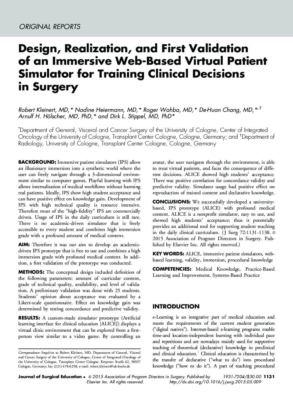 طراحی، تحقق و تایید اولیه یک شبیه ساز مجازی مبتنی بر وب مبتنی بر وب برای آموزش تصمیم گیری بالینی در جراحی 