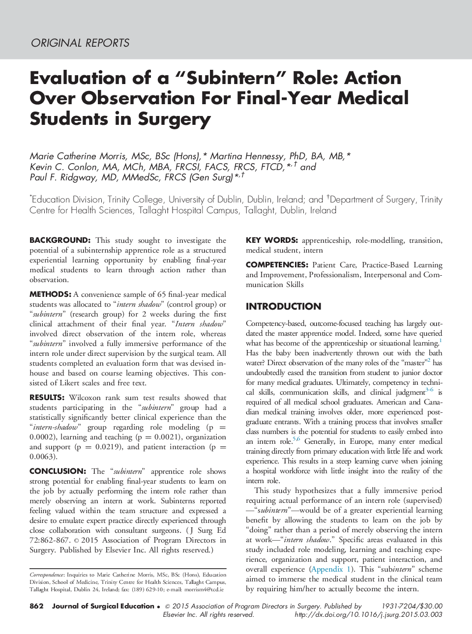 Evaluation of a “Subintern” Role: Action Over Observation For Final-Year Medical Students in Surgery