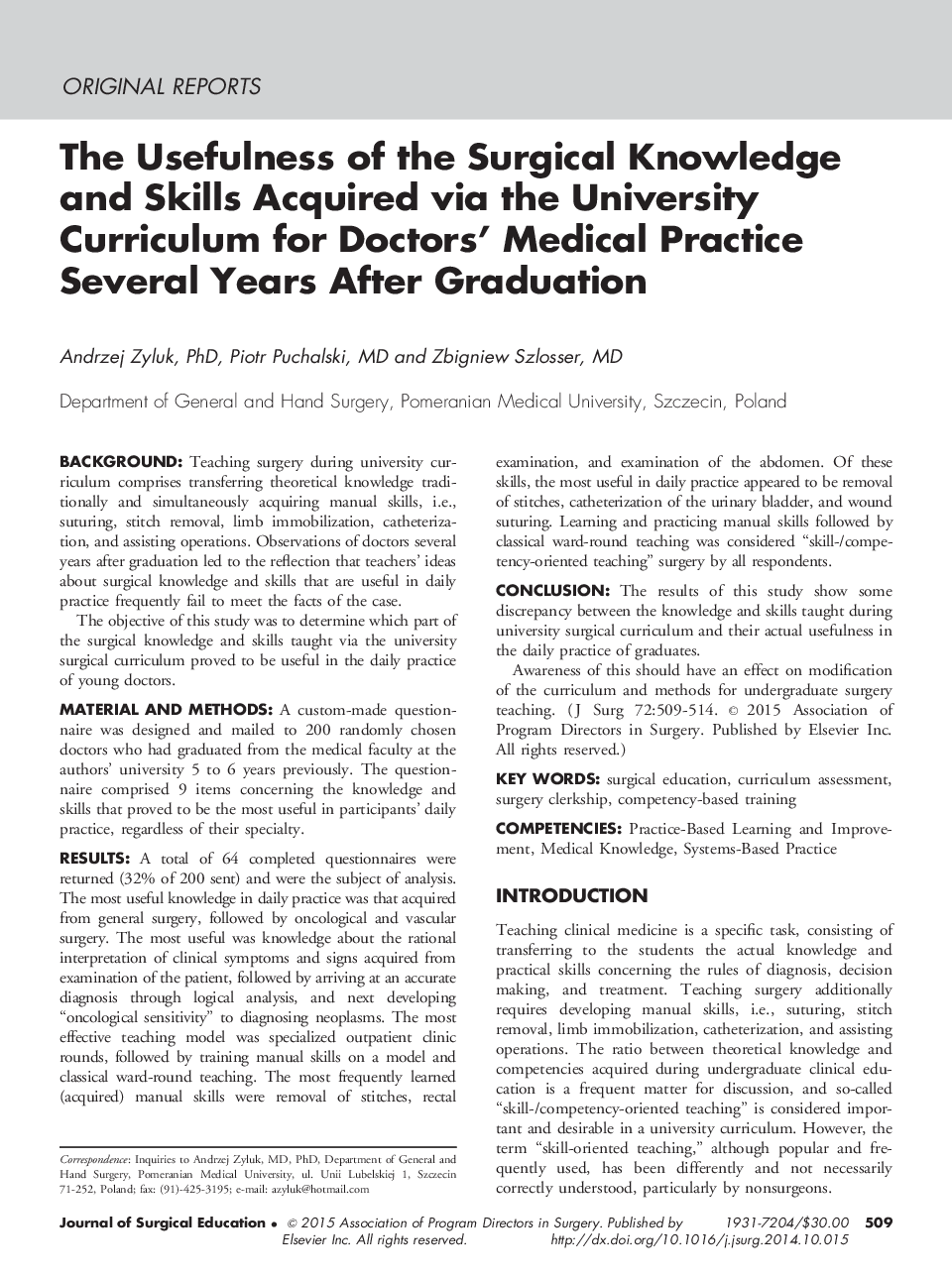 The Usefulness of the Surgical Knowledge and Skills Acquired via the University Curriculum for Doctors’ Medical Practice Several Years After Graduation