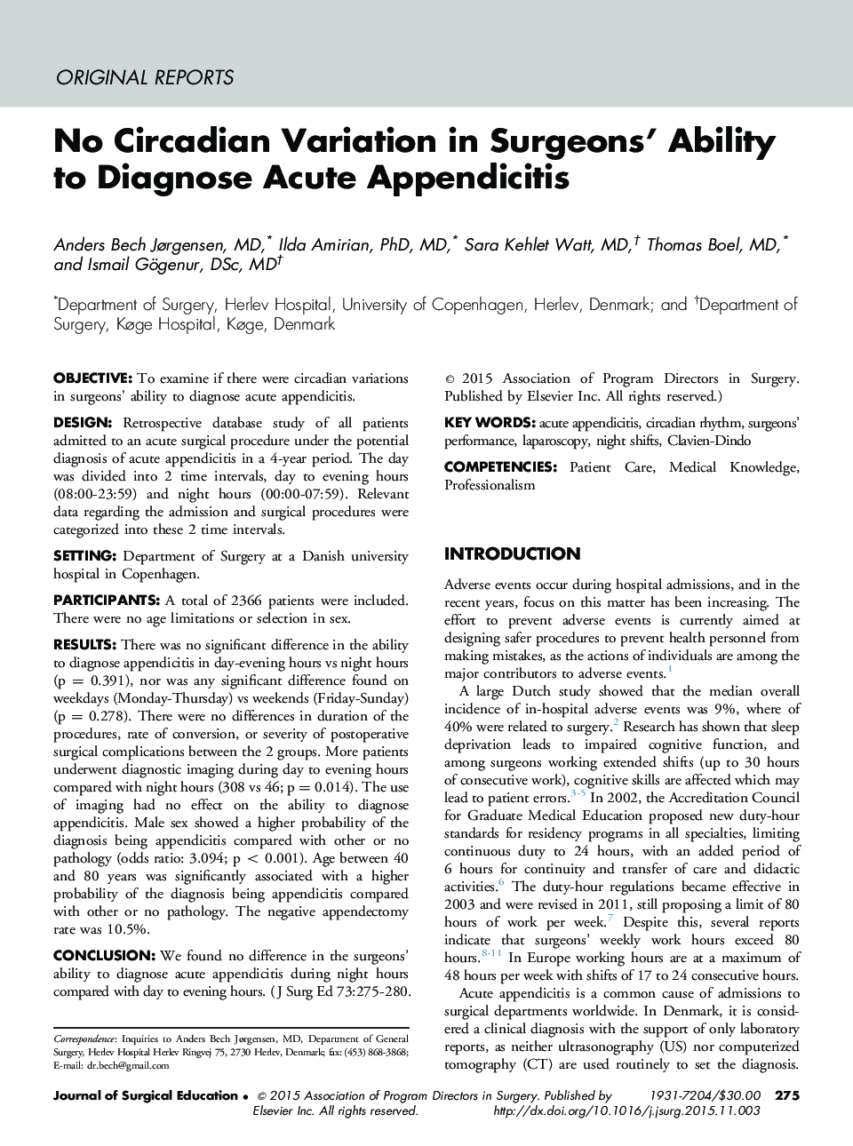 No Circadian Variation in Surgeons’ Ability to Diagnose Acute Appendicitis