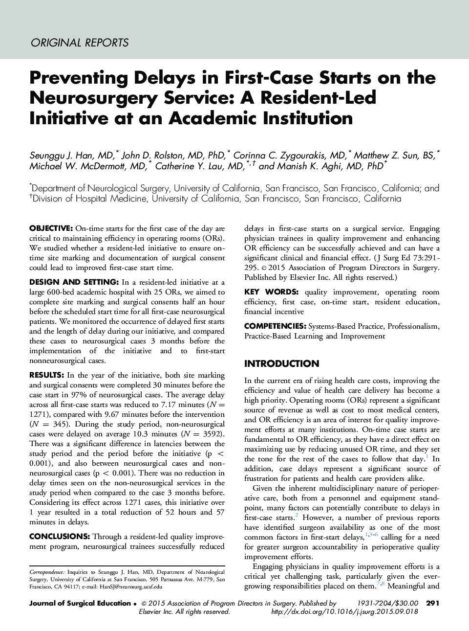Preventing Delays in First-Case Starts on the Neurosurgery Service: A Resident-Led Initiative at an Academic Institution