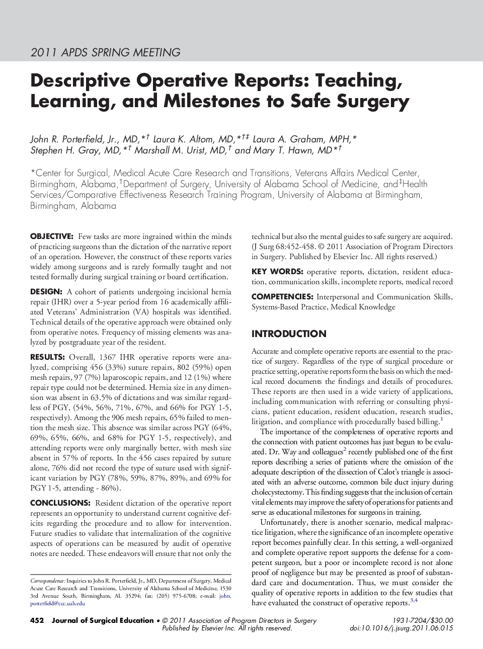 Descriptive Operative Reports: Teaching, Learning, and Milestones to Safe Surgery