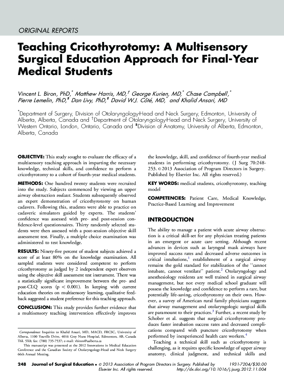 Teaching Cricothyrotomy: A Multisensory Surgical Education Approach for Final-Year Medical Students 