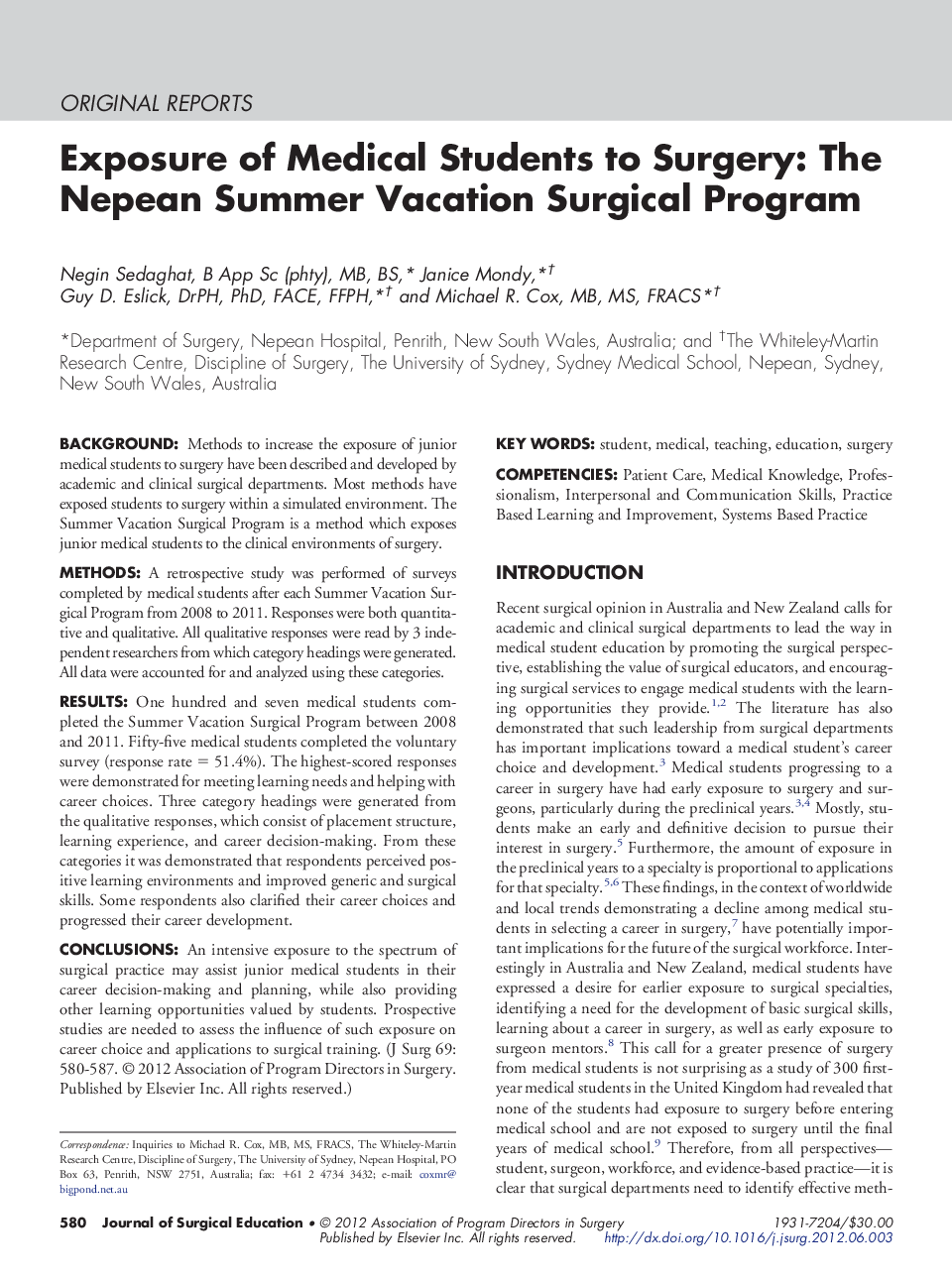Exposure of Medical Students to Surgery: The Nepean Summer Vacation Surgical Program