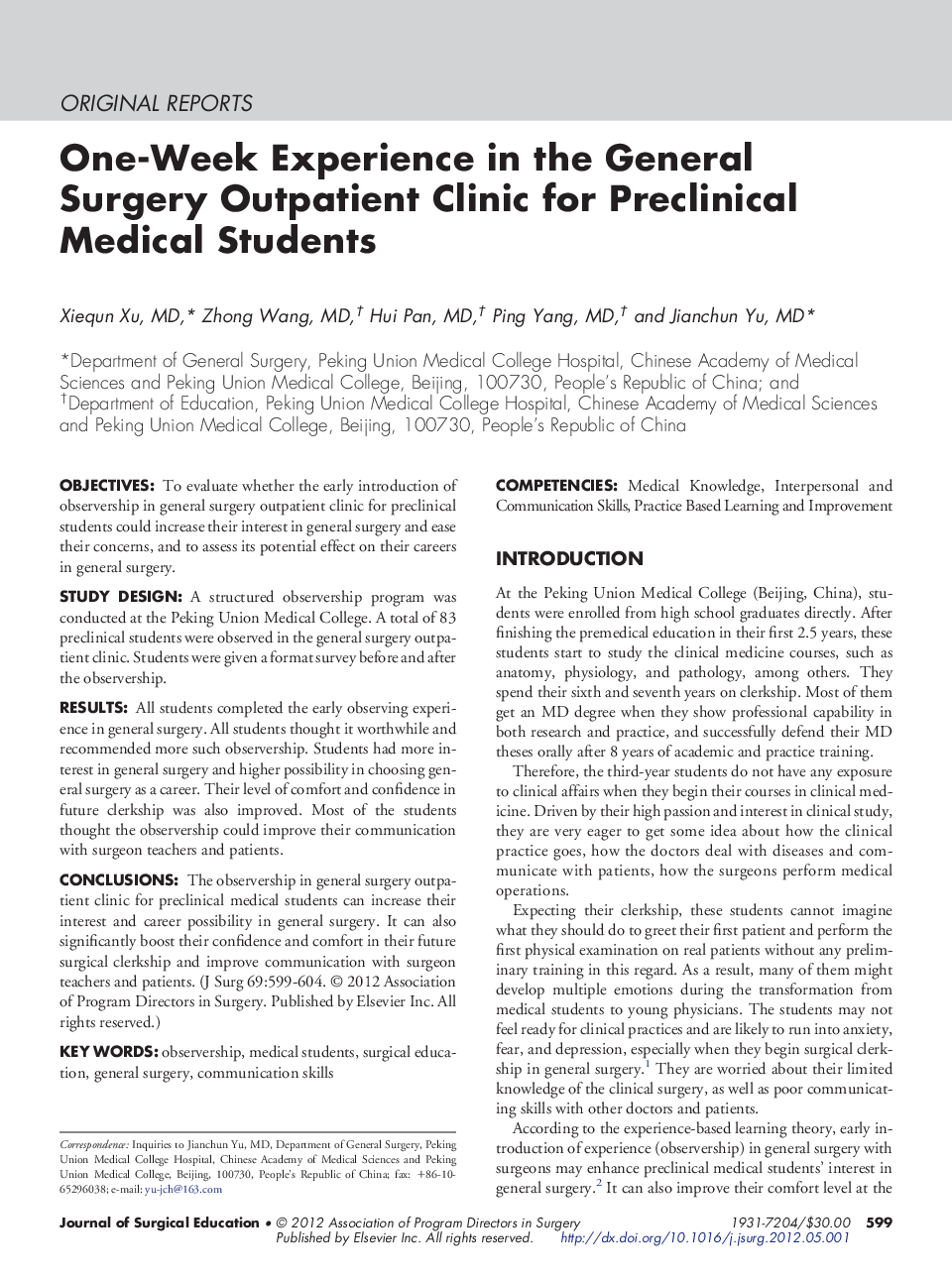 One-Week Experience in the General Surgery Outpatient Clinic for Preclinical Medical Students