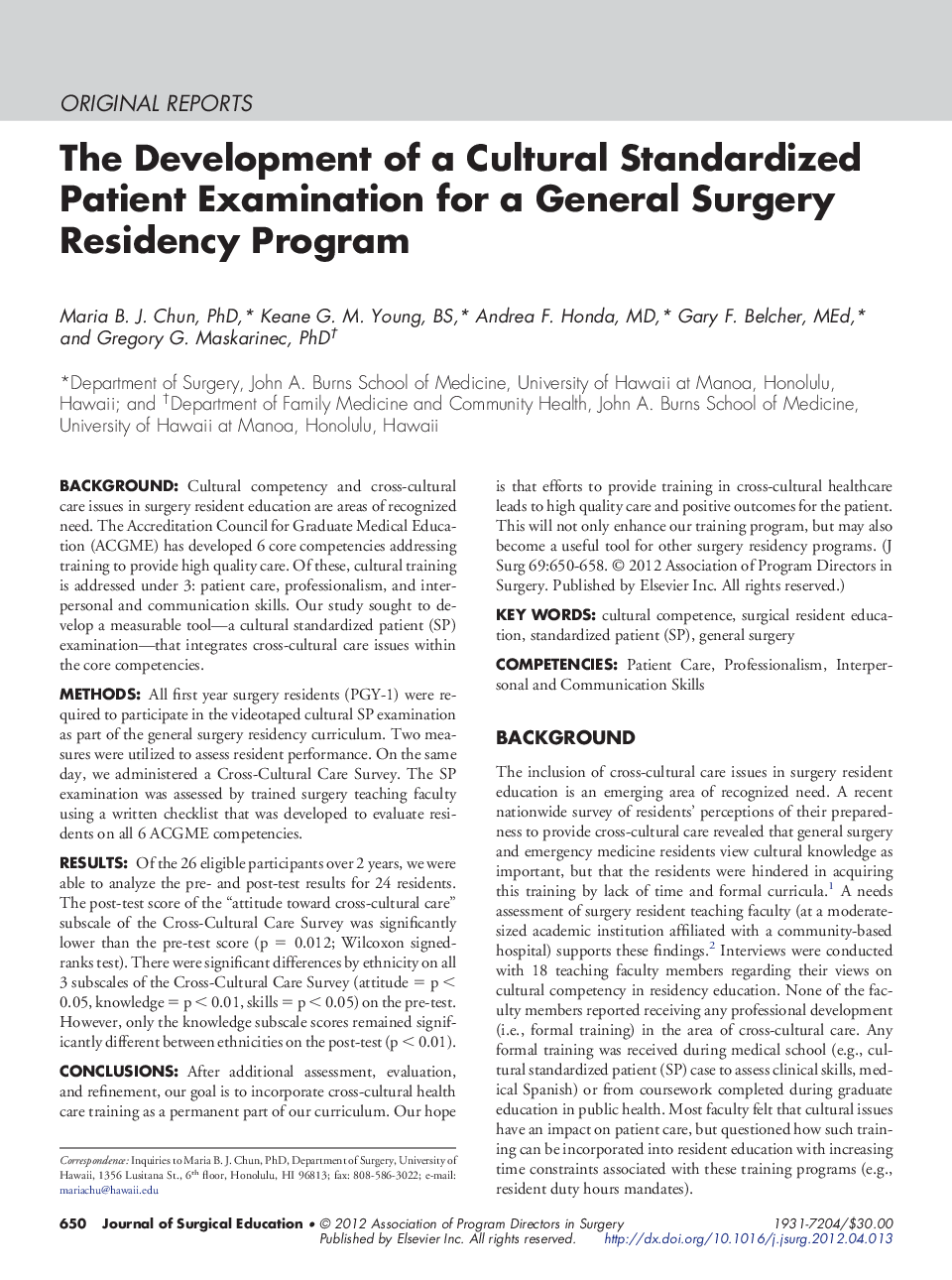 The Development of a Cultural Standardized Patient Examination for a General Surgery Residency Program