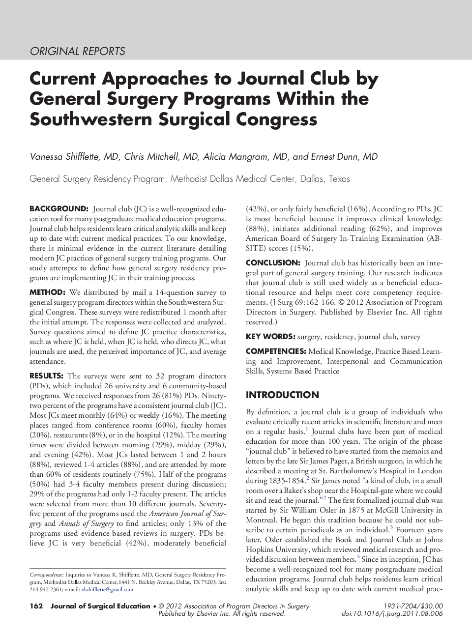 Current Approaches to Journal Club by General Surgery Programs Within the Southwestern Surgical Congress