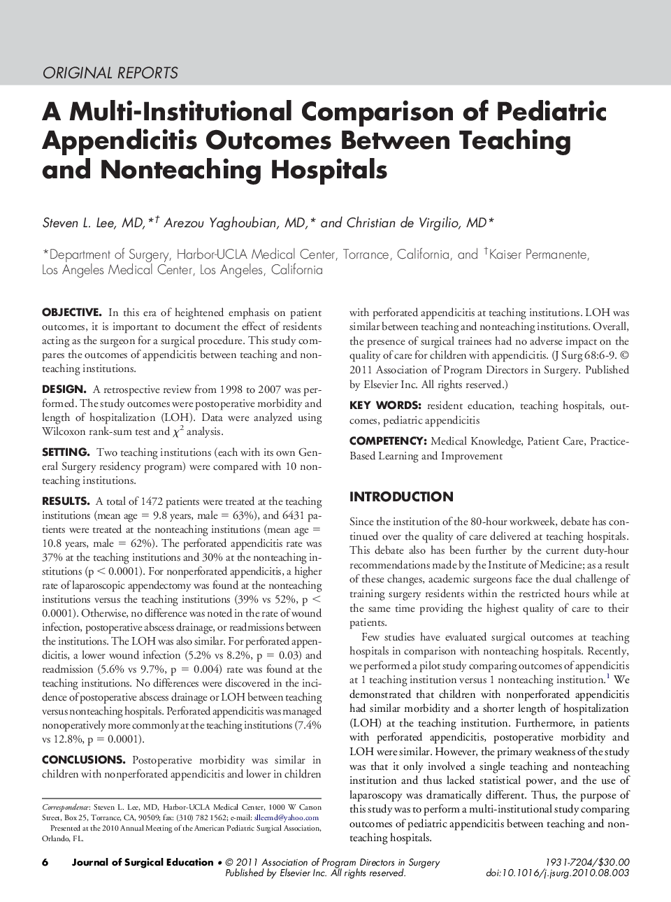 A Multi-Institutional Comparison of Pediatric Appendicitis Outcomes Between Teaching and Nonteaching Hospitals