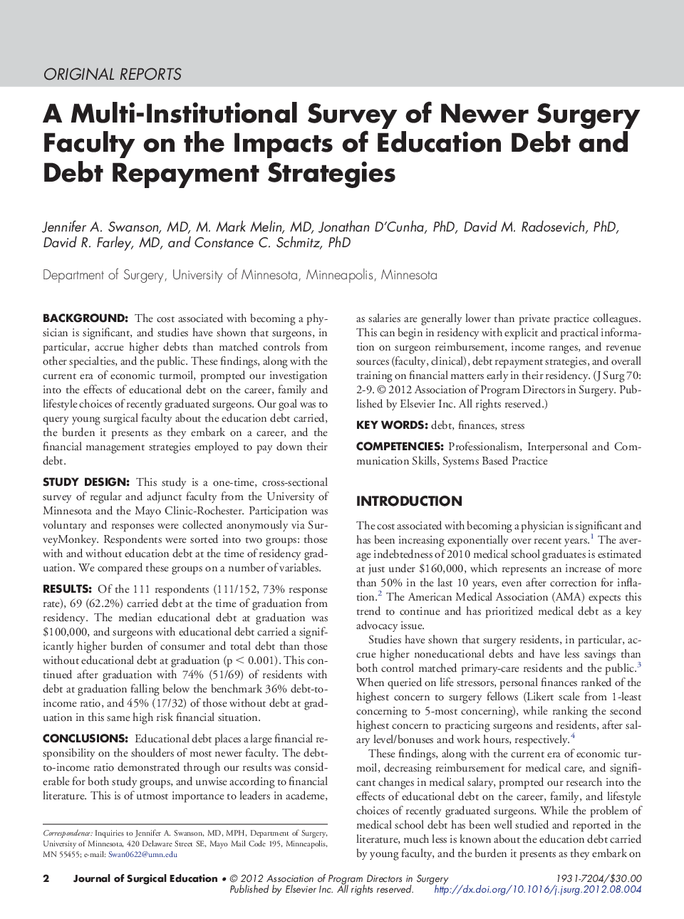 A Multi-Institutional Survey of Newer Surgery Faculty on the Impacts of Education Debt and Debt Repayment Strategies