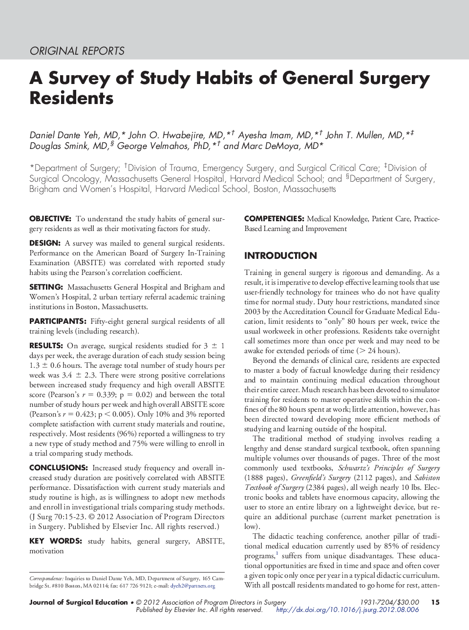A Survey of Study Habits of General Surgery Residents