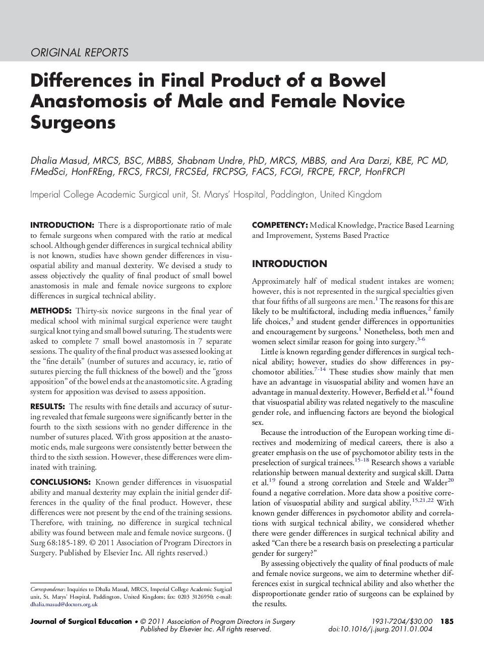 Differences in Final Product of a Bowel Anastomosis of Male and Female Novice Surgeons
