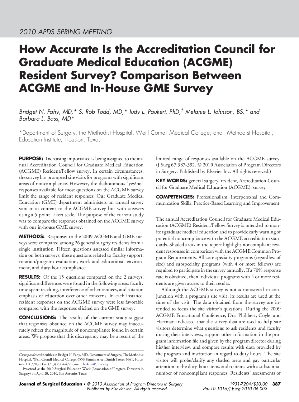 How Accurate Is the Accreditation Council for Graduate Medical Education (ACGME) Resident Survey? Comparison Between ACGME and In-House GME Survey