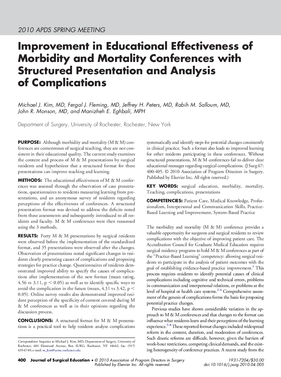Improvement in Educational Effectiveness of Morbidity and Mortality Conferences with Structured Presentation and Analysis of Complications