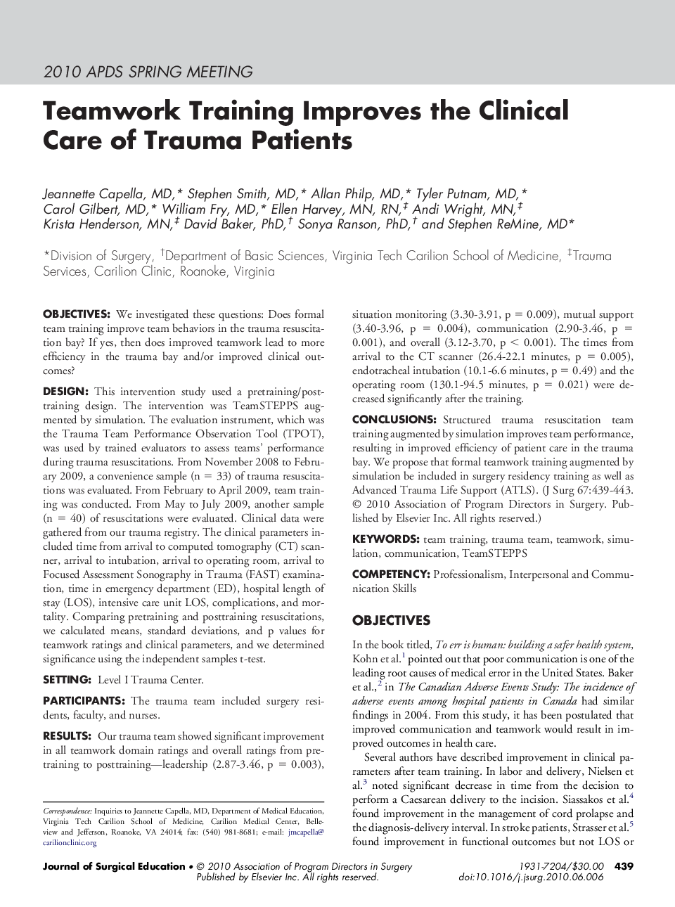 Teamwork Training Improves the Clinical Care of Trauma Patients