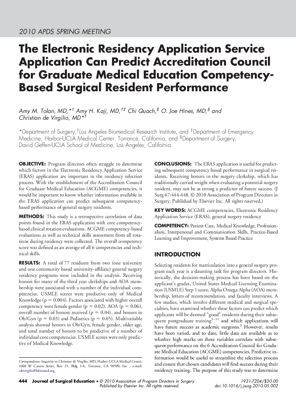 The Electronic Residency Application Service Application Can Predict Accreditation Council for Graduate Medical Education Competency-Based Surgical Resident Performance