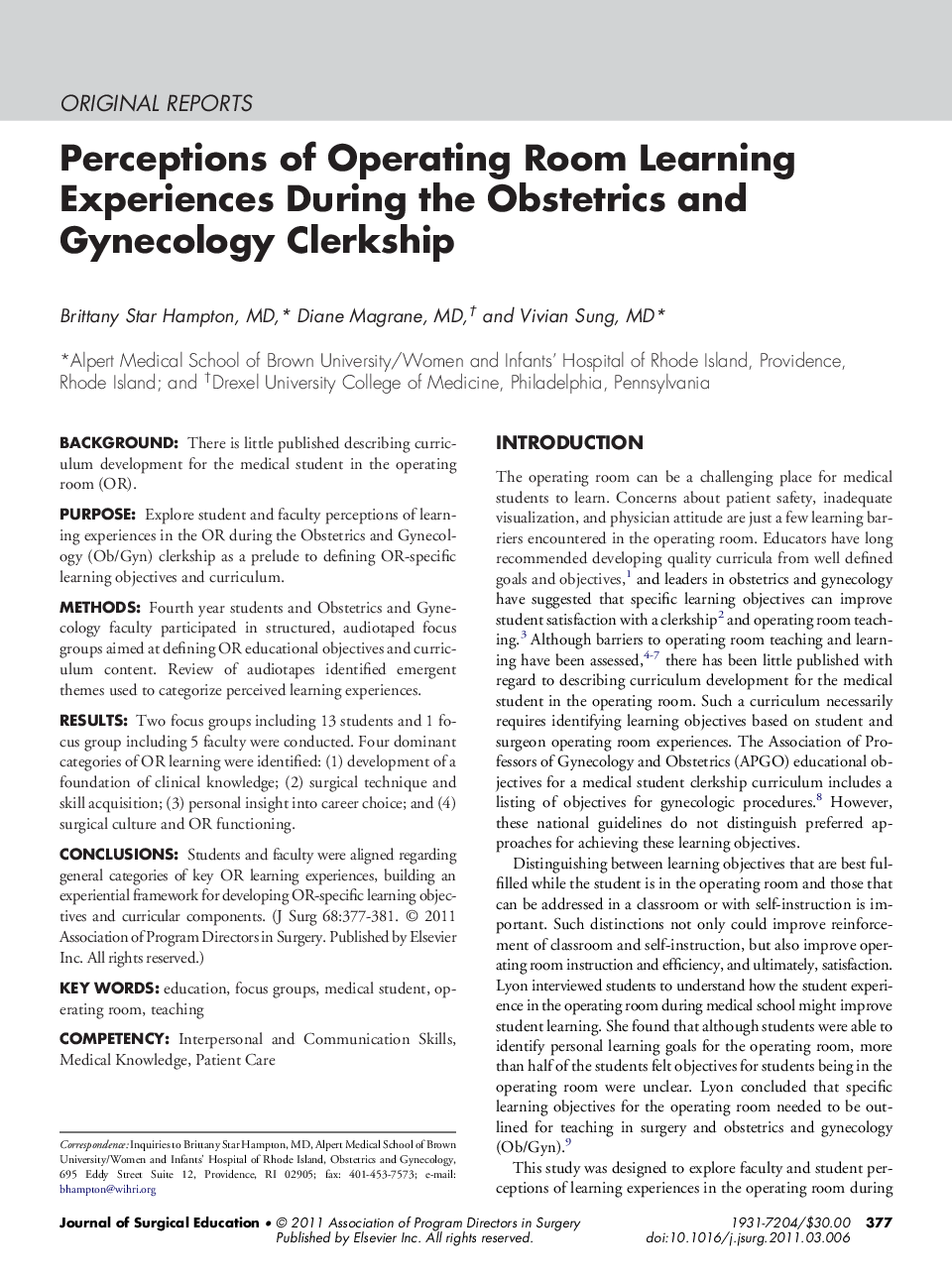Perceptions of Operating Room Learning Experiences During the Obstetrics and Gynecology Clerkship