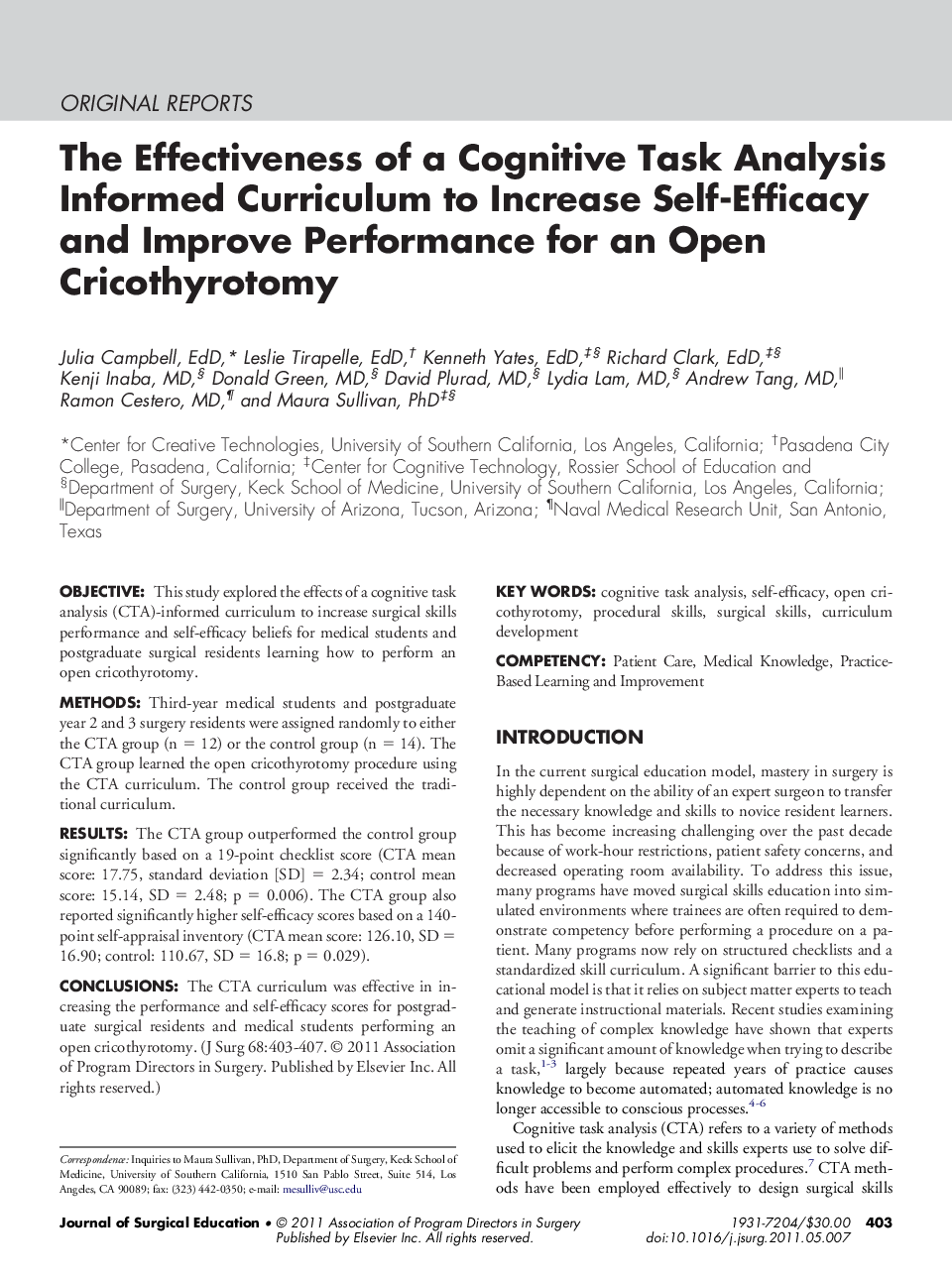 The Effectiveness of a Cognitive Task Analysis Informed Curriculum to Increase Self-Efficacy and Improve Performance for an Open Cricothyrotomy