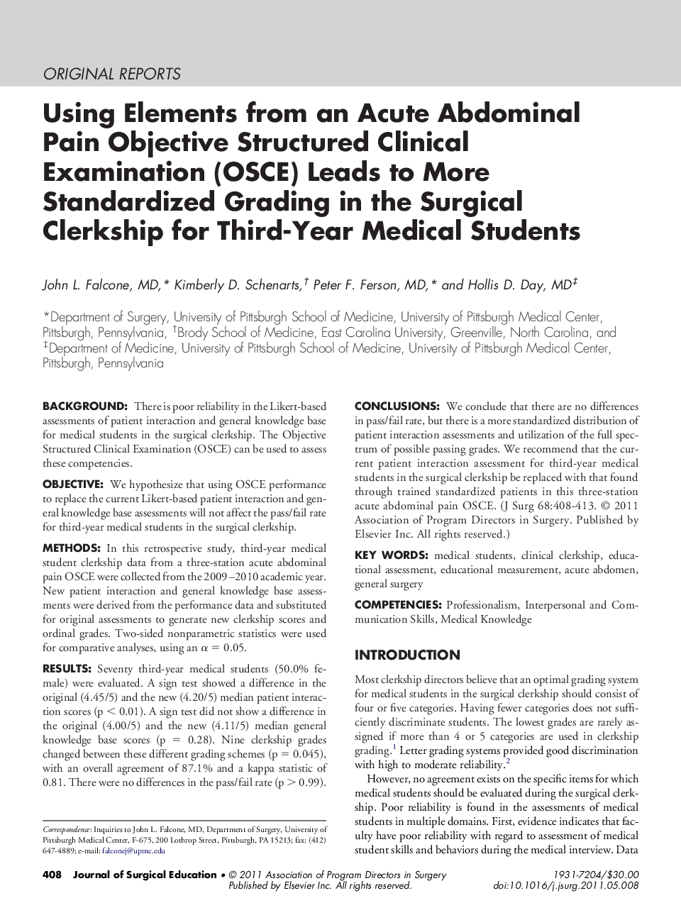 Using Elements from an Acute Abdominal Pain Objective Structured Clinical Examination (OSCE) Leads to More Standardized Grading in the Surgical Clerkship for Third-Year Medical Students