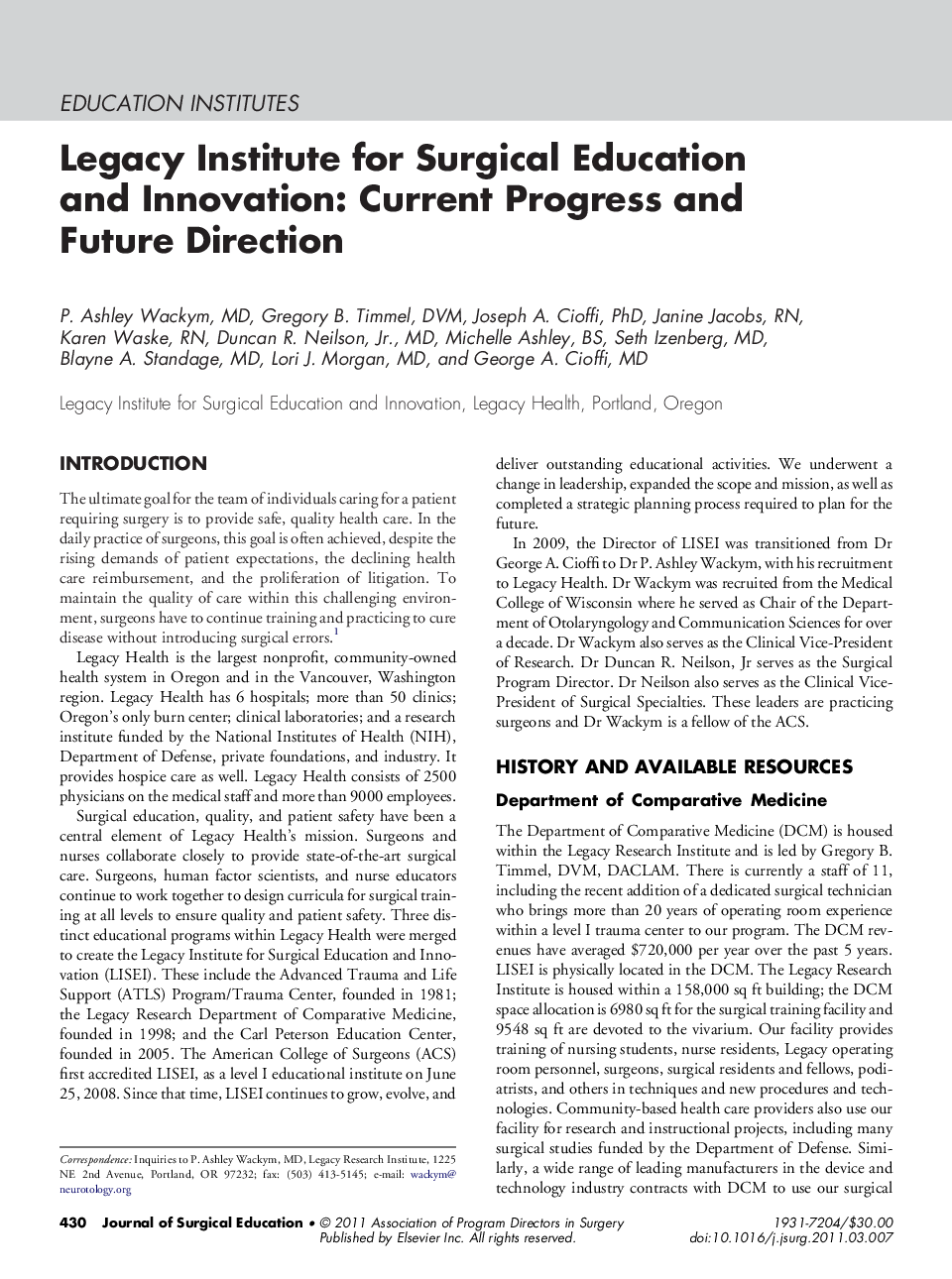 Legacy Institute for Surgical Education and Innovation: Current Progress and Future Direction