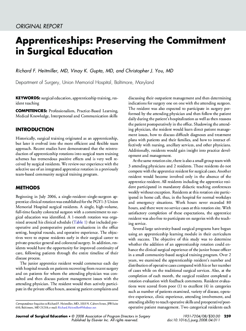 Apprenticeships: Preserving the Commitment in Surgical Education