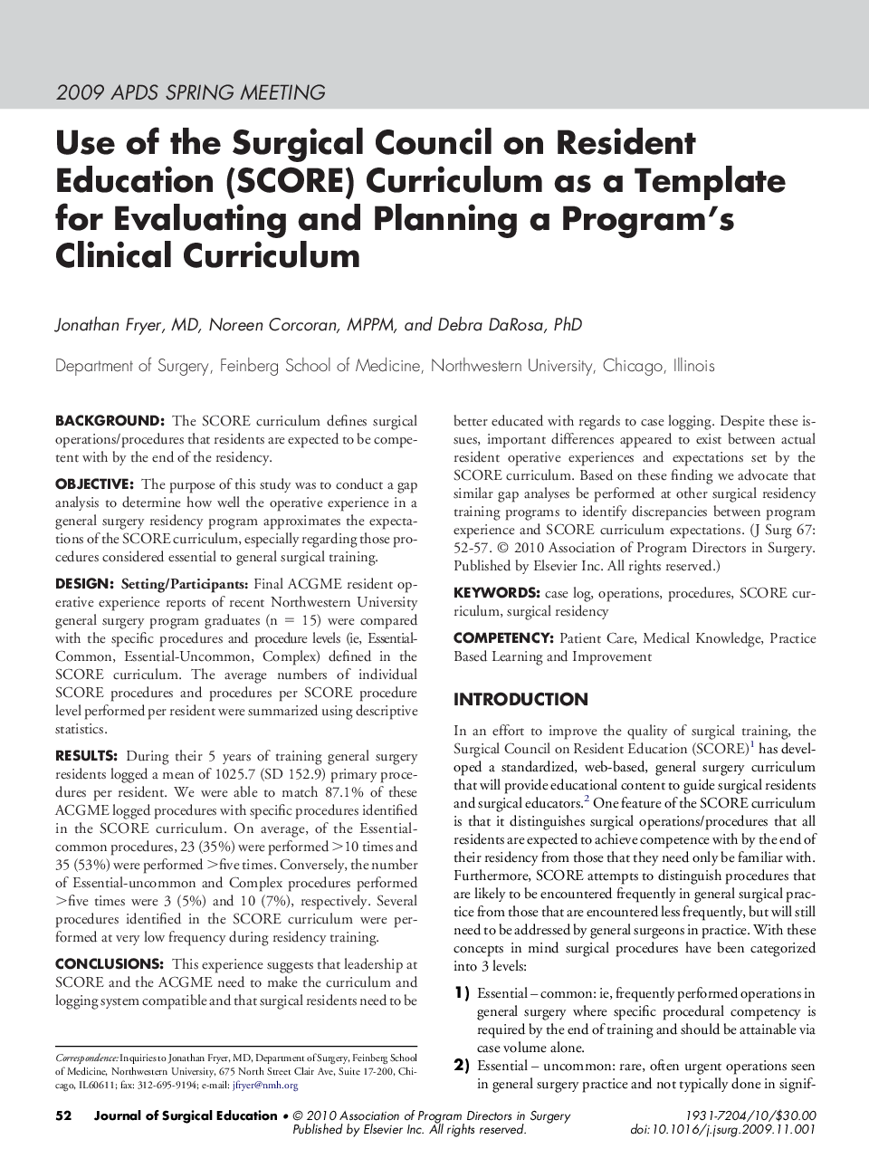 Use of the Surgical Council on Resident Education (SCORE) Curriculum as a Template for Evaluating and Planning a Program's Clinical Curriculum