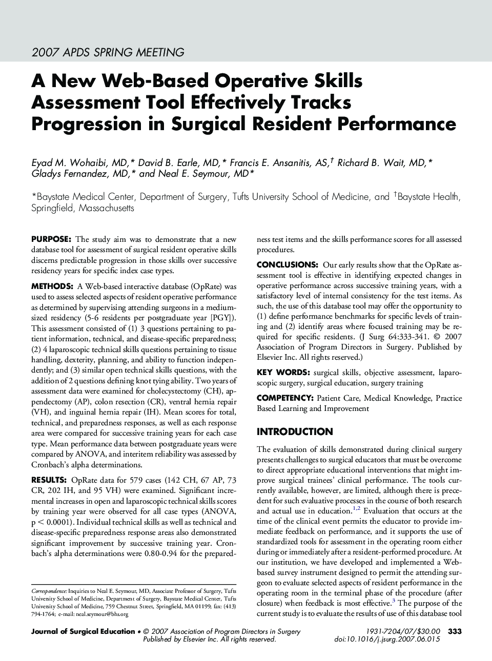 A New Web-Based Operative Skills Assessment Tool Effectively Tracks Progression in Surgical Resident Performance