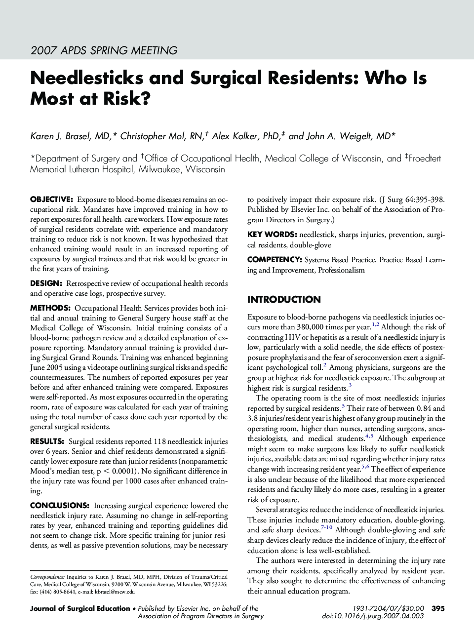 Needlesticks and Surgical Residents: Who Is Most at Risk?