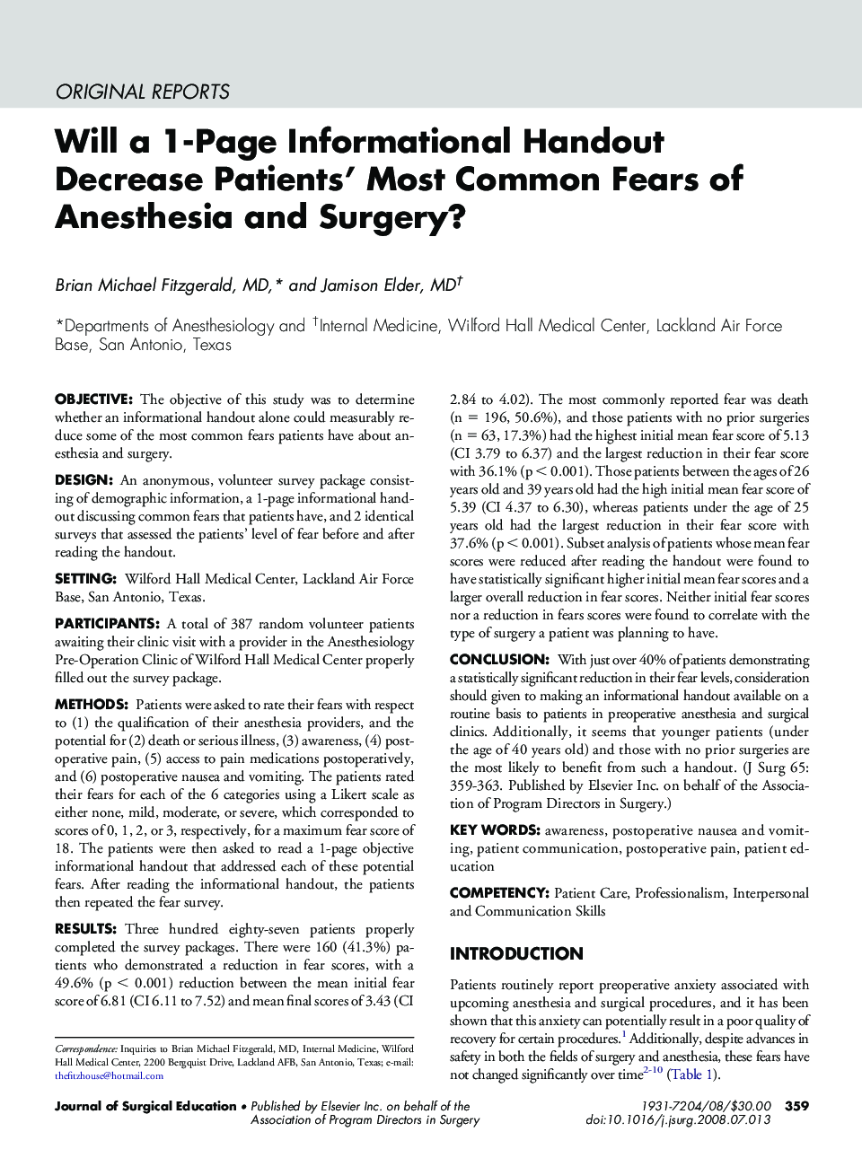 Will a 1-Page Informational Handout Decrease Patients' Most Common Fears of Anesthesia and Surgery?