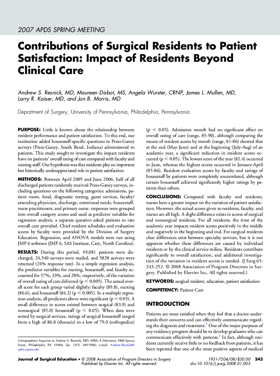 Contributions of Surgical Residents to Patient Satisfaction: Impact of Residents Beyond Clinical Care