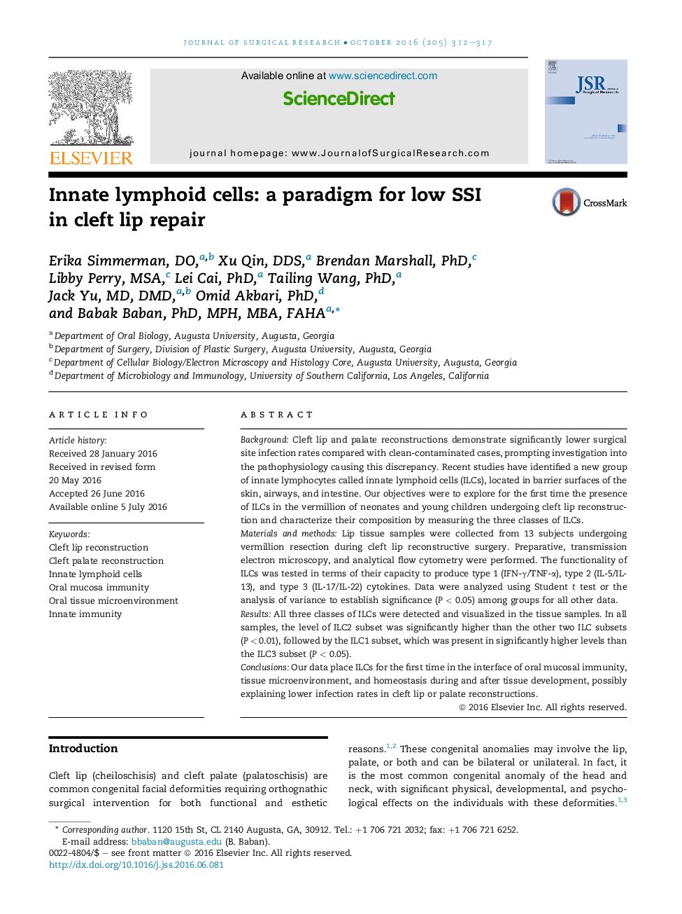 Innate lymphoid cells: a paradigm for low SSI in cleft lip repair