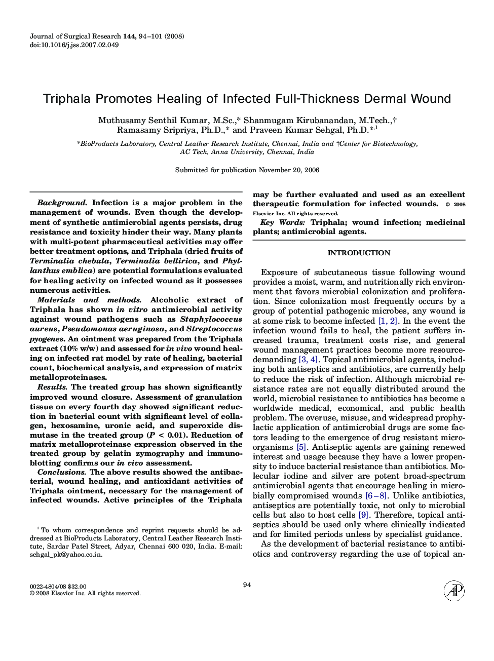 Triphala Promotes Healing of Infected Full-Thickness Dermal Wound