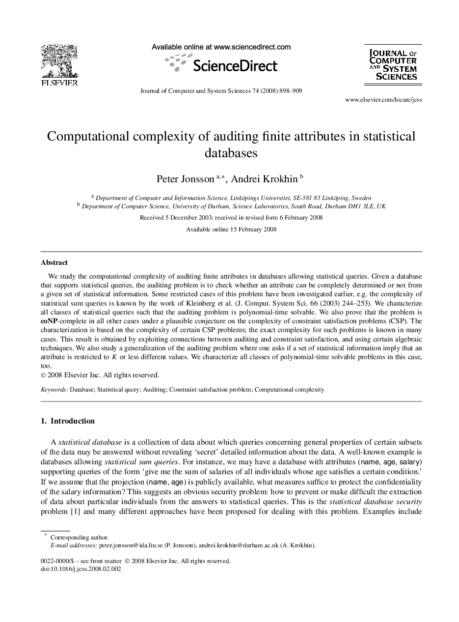 Computational complexity of auditing finite attributes in statistical databases