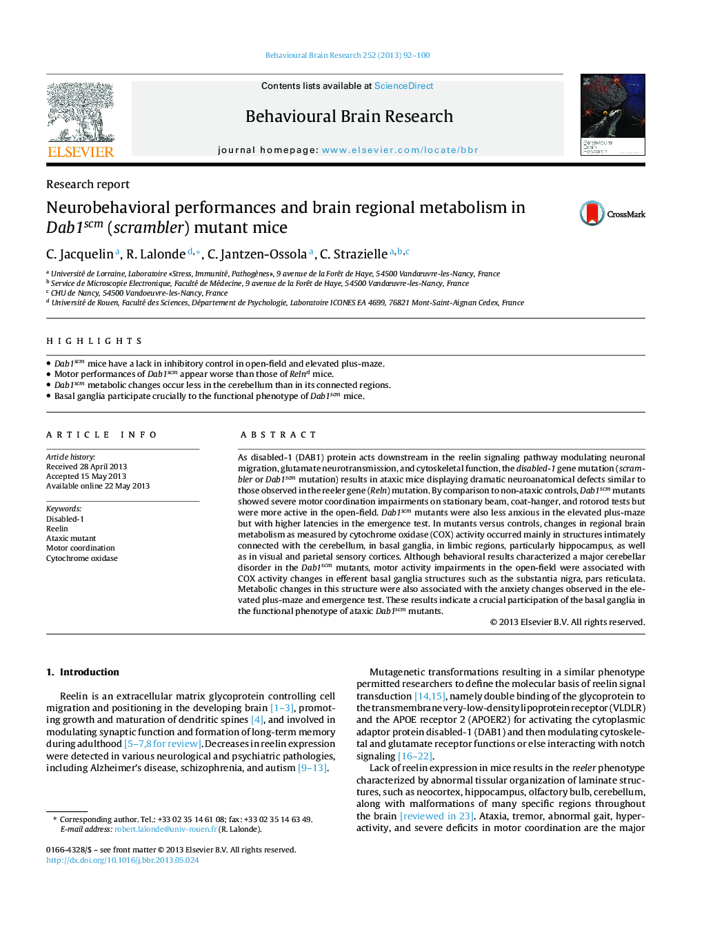 Neurobehavioral performances and brain regional metabolism in Dab1scm (scrambler) mutant mice